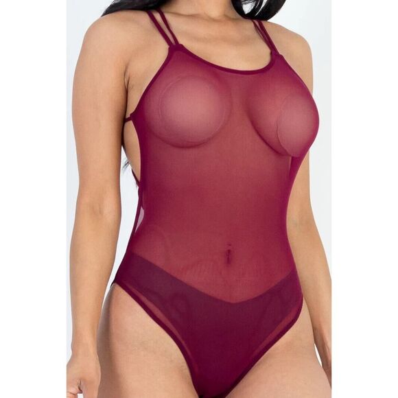 NEW Capella Large Sheer Burgundy Bodysuit Soft Mesh Crisscross Back Holiday - Picture 4 of 9